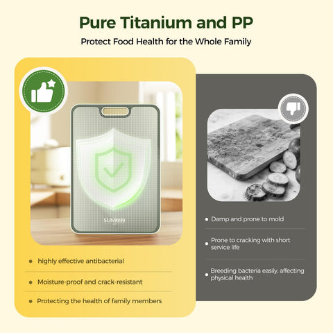 Sumzzz titanium cutting board with 200 ml juice groove to prevent spills.