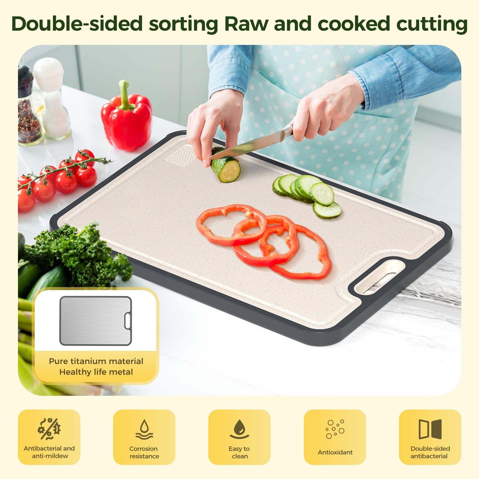 Sumzzz titanium cutting board dual-side vegetables surface for fresh produce slicing.