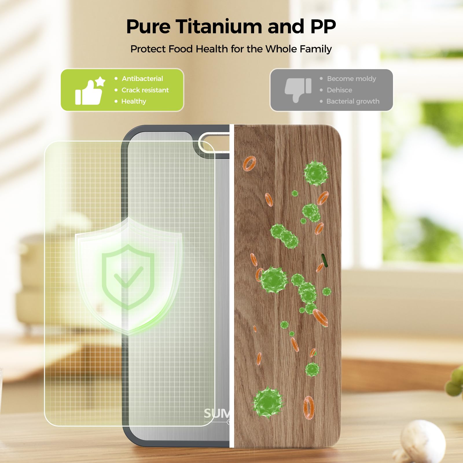 Sumzzz Titanium Cutting Board juice groove catches liquids and protects counters