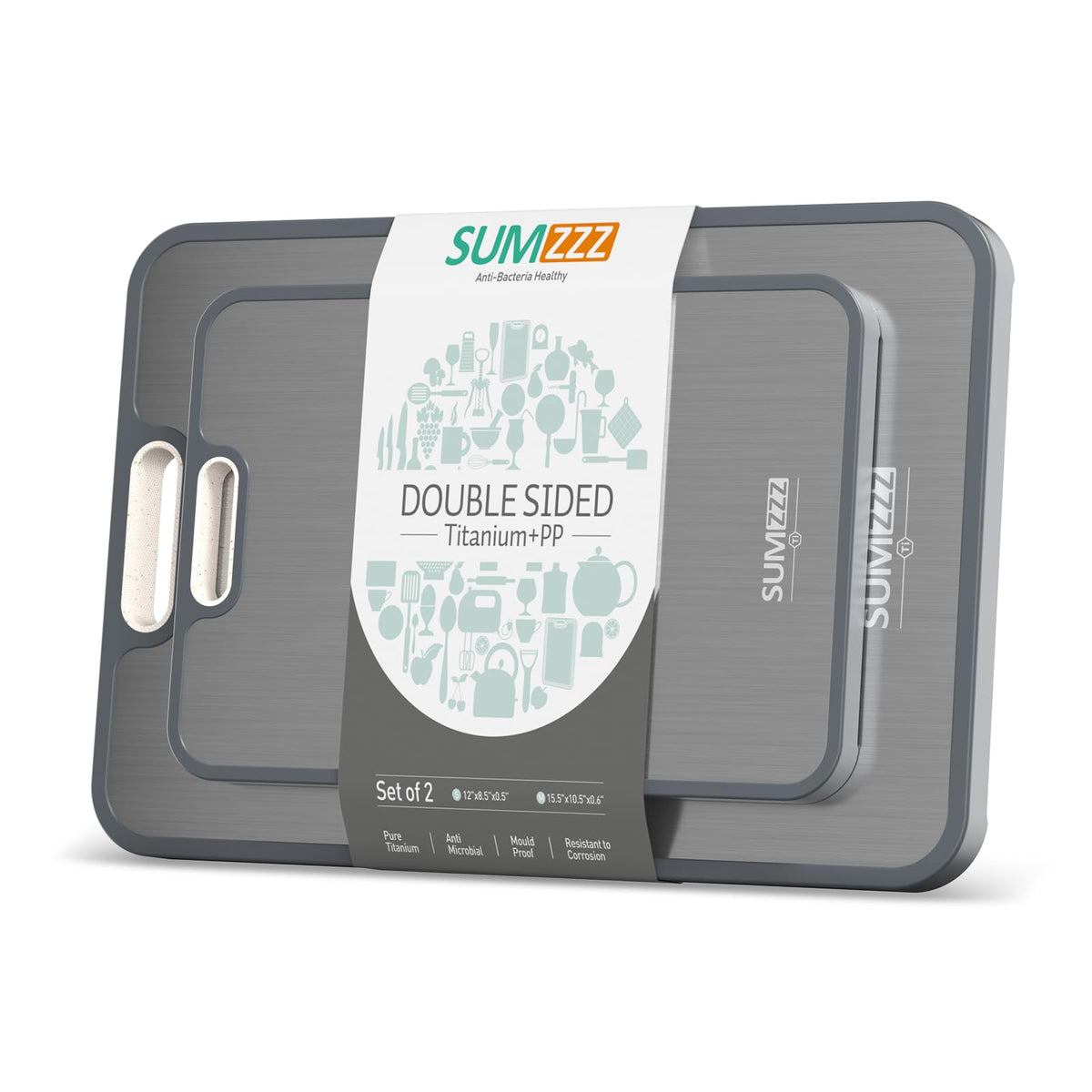 Sumzzz Titanium Cutting Board titanium side offers durable raw prep surface