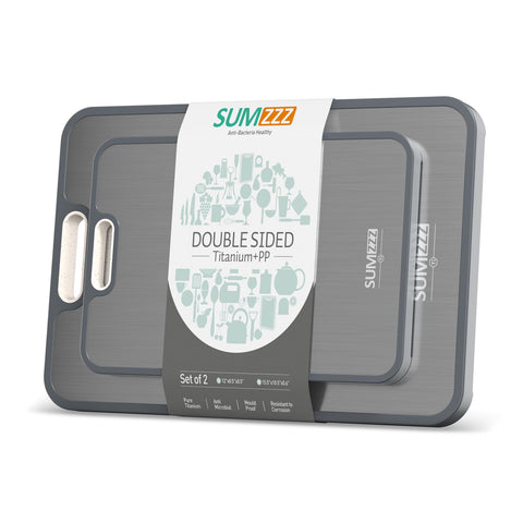 Sumzzz Titanium Cutting Board titanium side offers durable raw prep surface