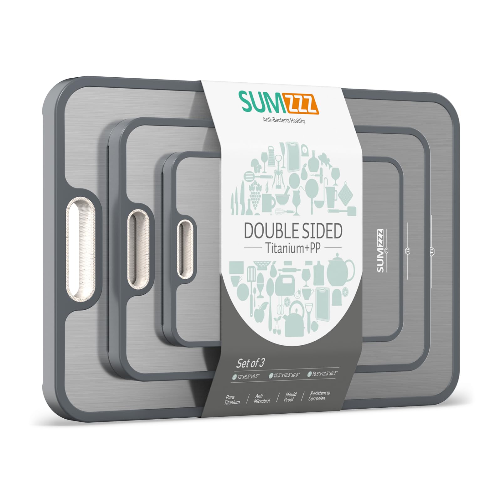 Sumzzz titanium cutting board top view, two-sided design for raw and cooked separation.