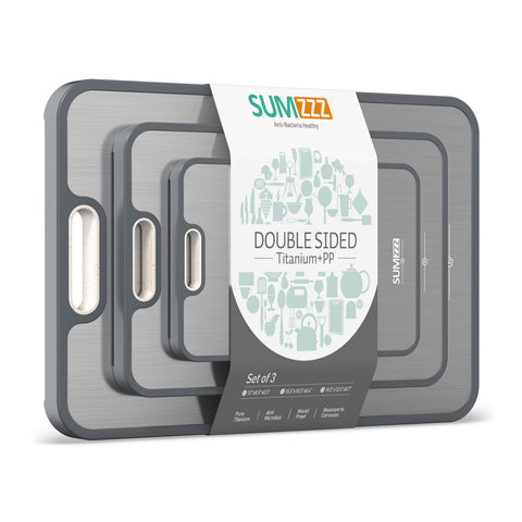 Sumzzz titanium cutting board top view, two-sided design for raw and cooked separation.