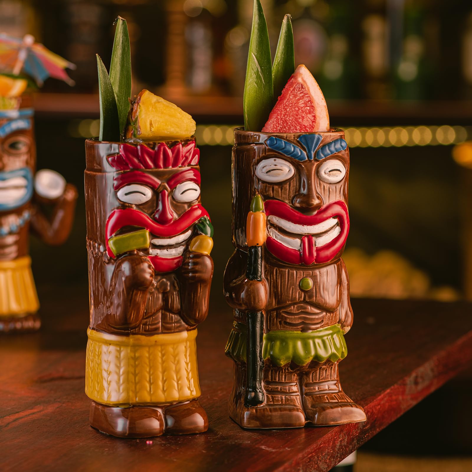 SUN GKOTTA ceramic tiki mugs close-up showing smooth glossy glaze