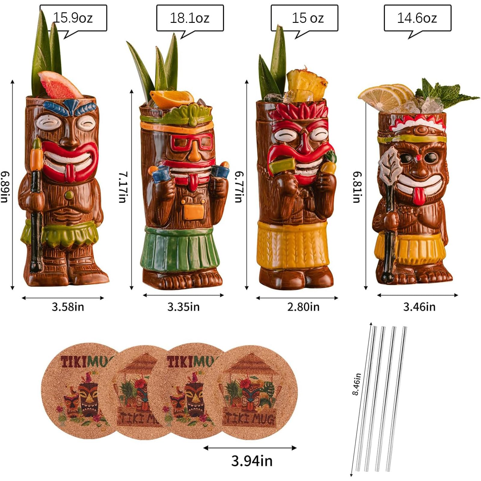 SUN GKOTTA four coasters accompanying the tiki mugs for spill-free entertaining