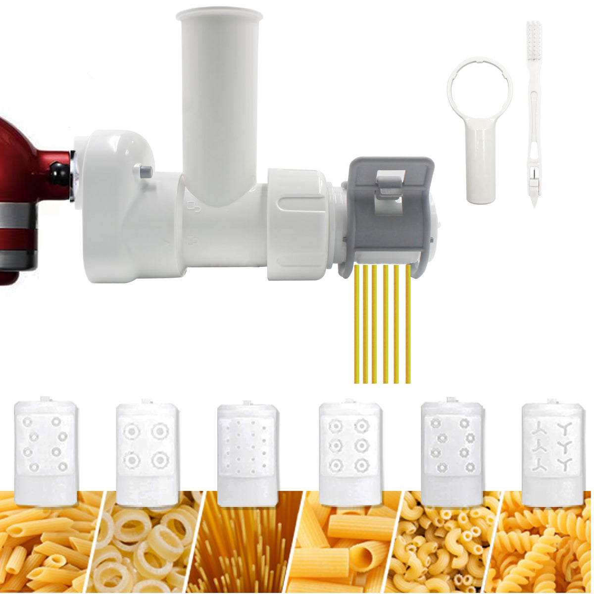Sun3drucker pasta attachment with six outlets enables versatile homemade pasta shapes