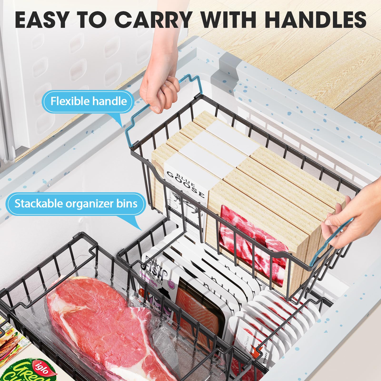 SUNALLY freezer bins close-up shows sturdy handle for pulling