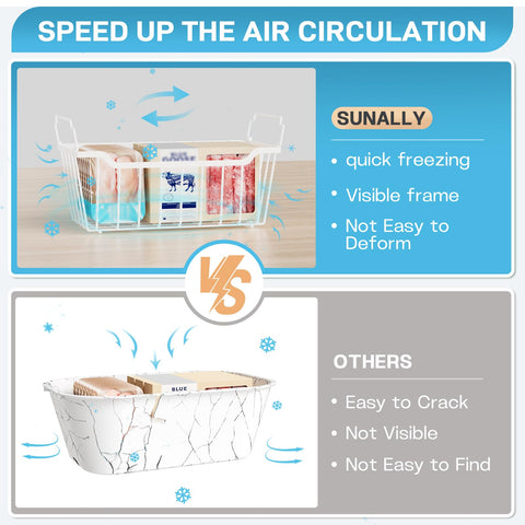 SUNALLY metal freezer baskets endure freezing temperatures without cracking for long-lasting use.