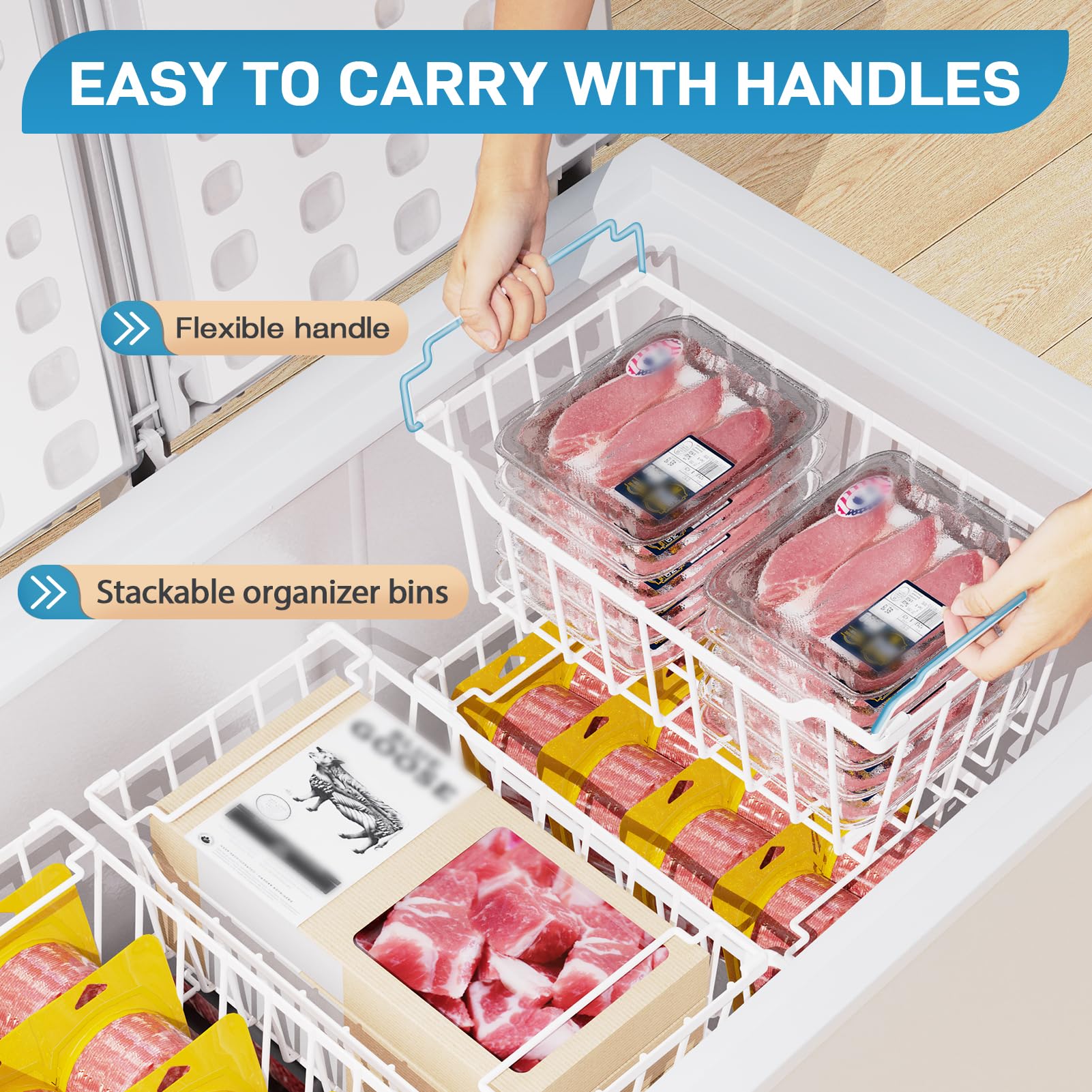 SUNALLY Freezer Organizer Bins feature sturdy handles for easy pull and top access.