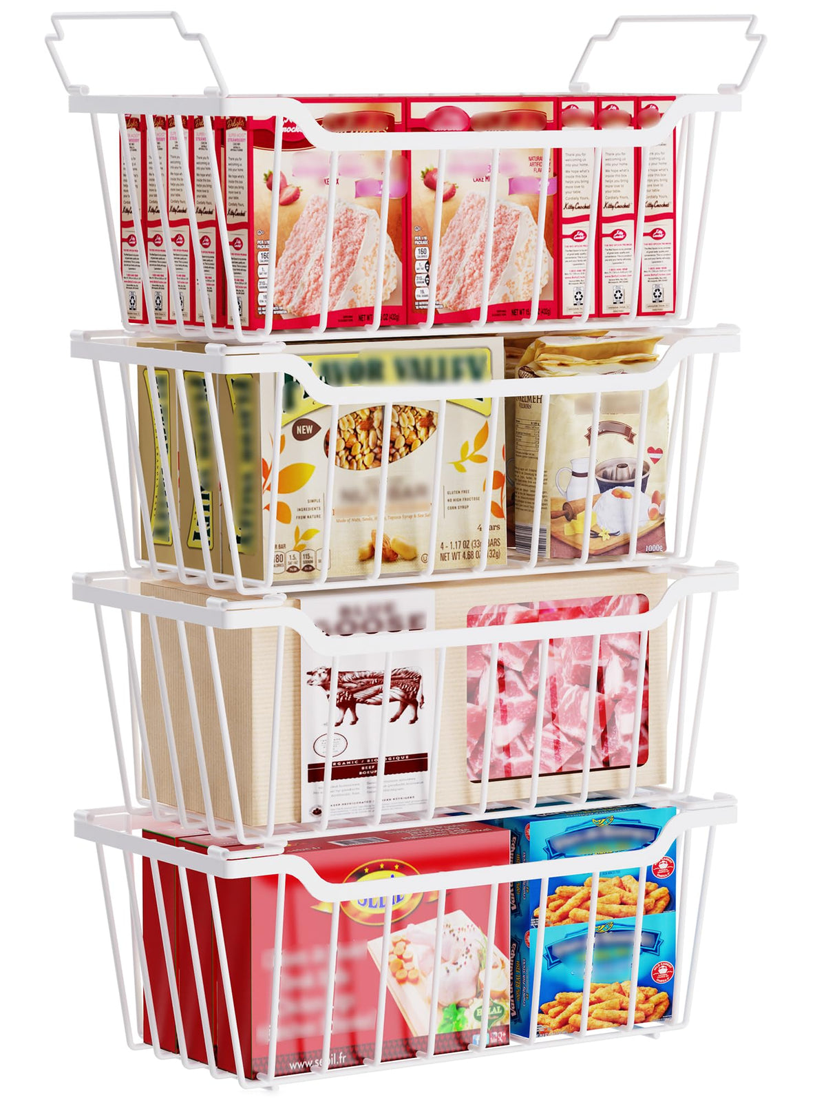 SUNALLY Freezer Organizer Bins show a stackable layout for maximizing vertical freezer space.