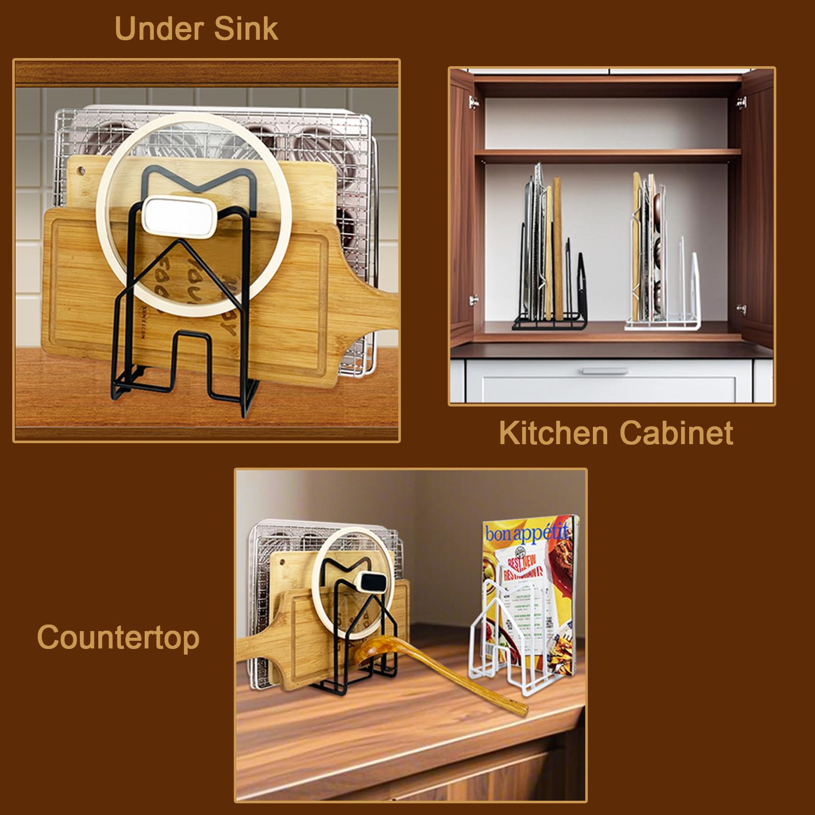 SUNFICON versatile storage for lids, boards, and cookware essentials.