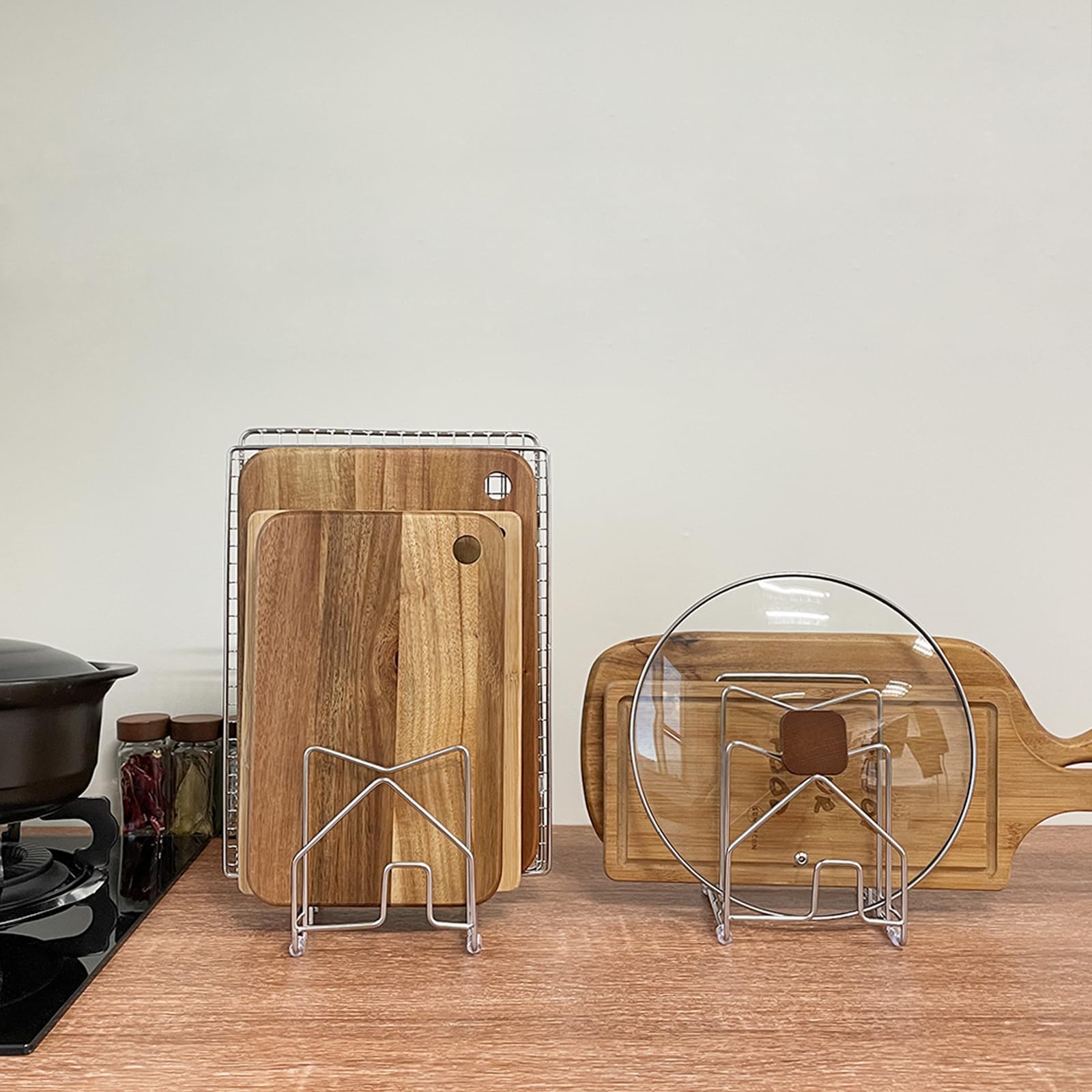 SUNFICON under-cabinet organizer saves countertop space for pots and lids