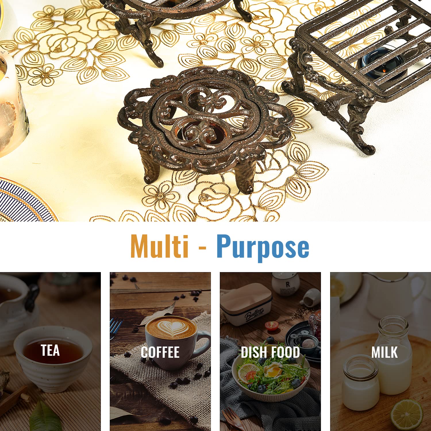 Sungmor cast iron trivet protects surfaces from heat during meals.