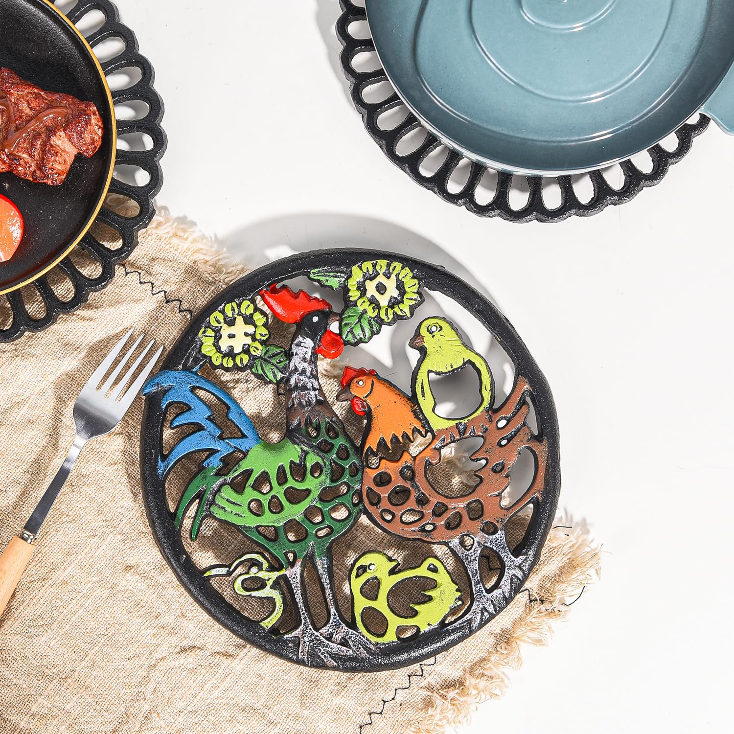 Sungmor hand-painted trivet with rooster motif adds rustic charm