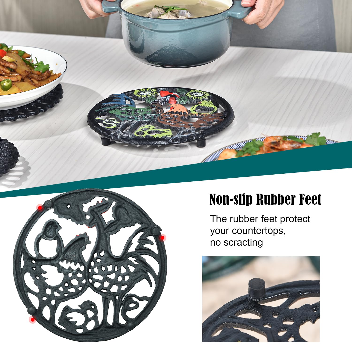 Sungmor cast iron trivet protects tables during hot dish service