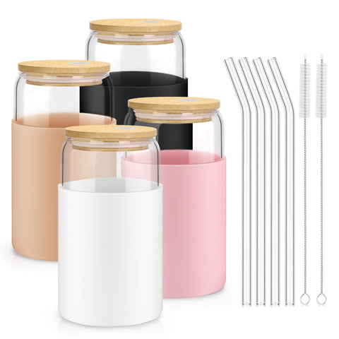 Sungwoo clear glass cups with lids and straws for hot or cold drinks.