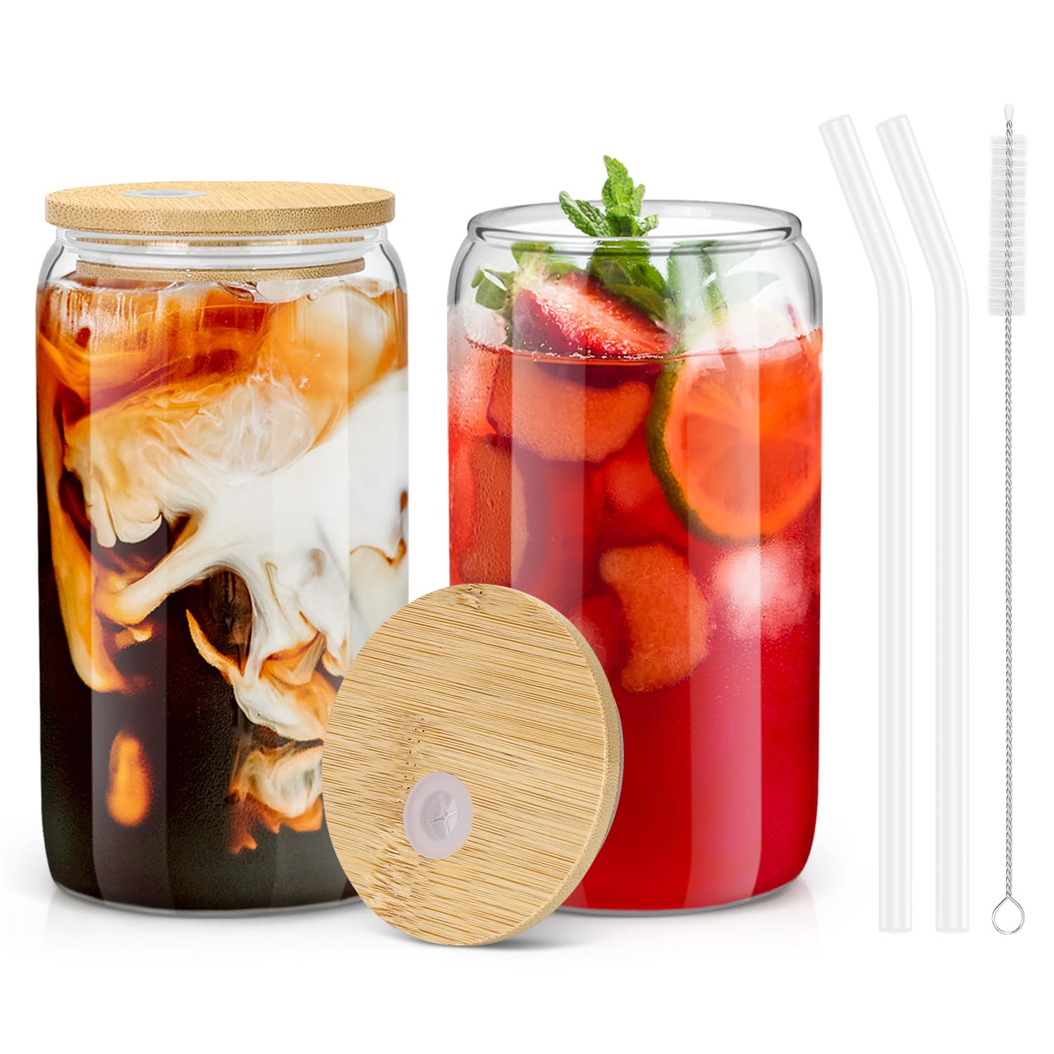 Sungwoo glass cup with bamboo lid for 16oz iced coffee and style.