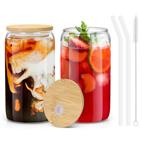 Sungwoo glass cup with bamboo lid for 16oz iced coffee and style.