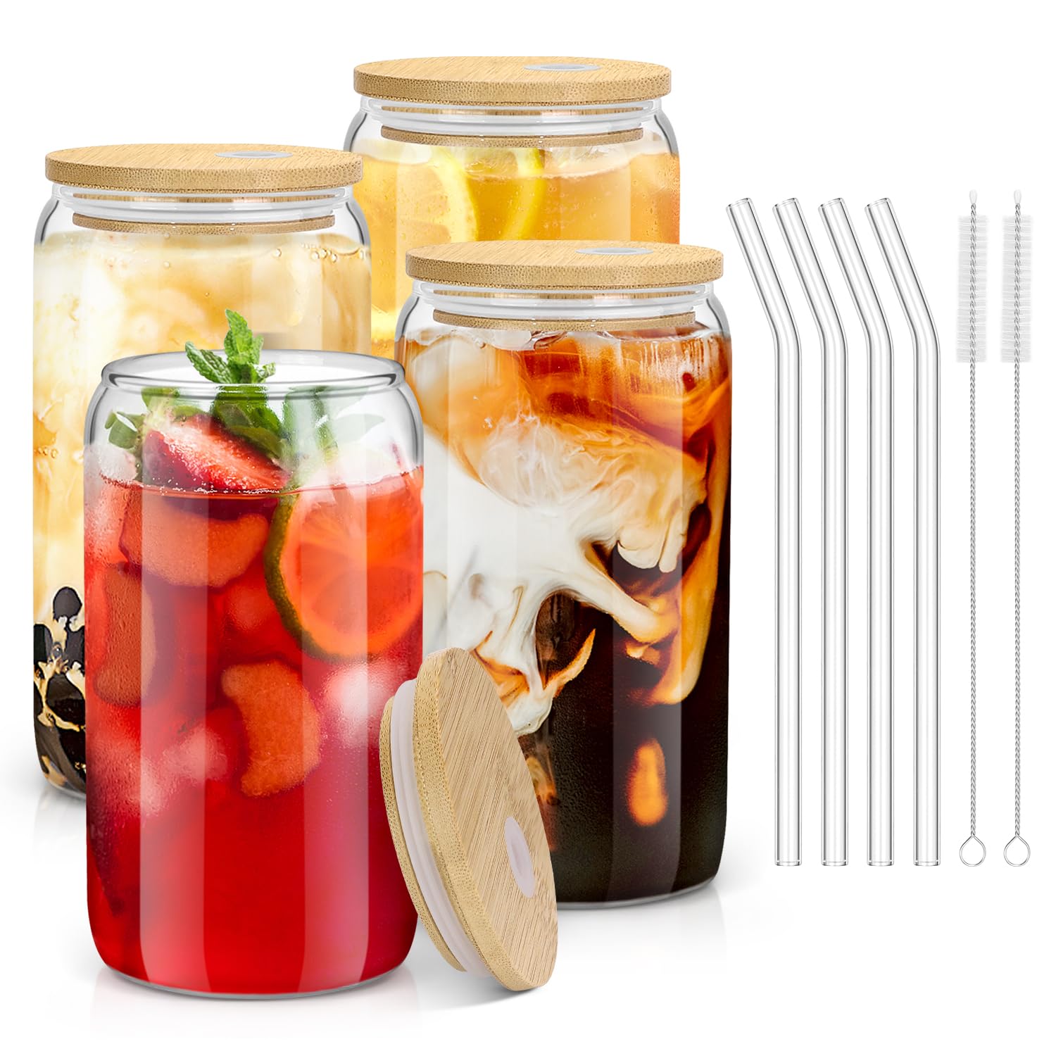 Sungwoo glass cups with bamboo lids, 16oz, perfect for cold drinks and stylish hosting.