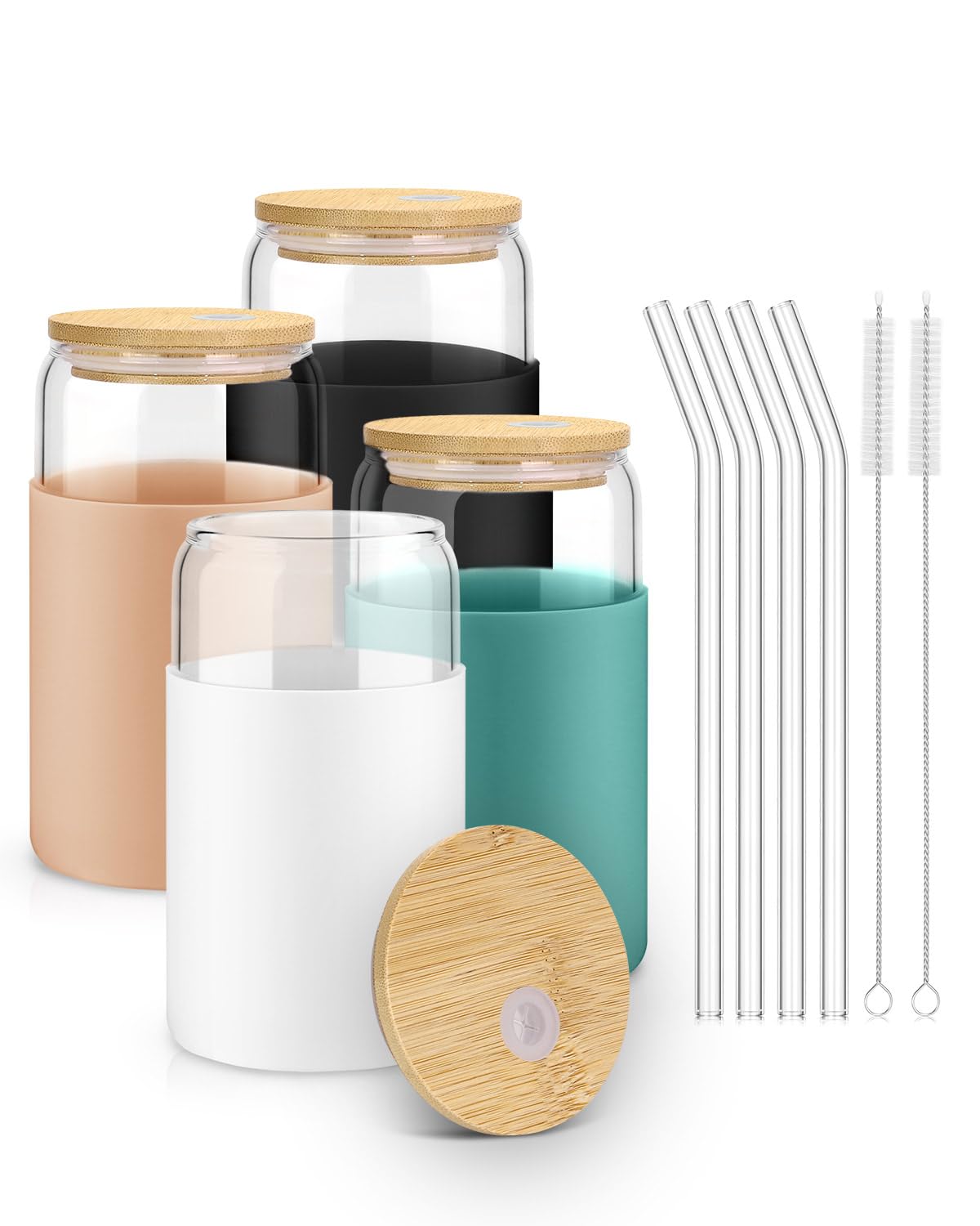 Sungwoo glass cups with lids and straws in a 4-pack for everyday drinks