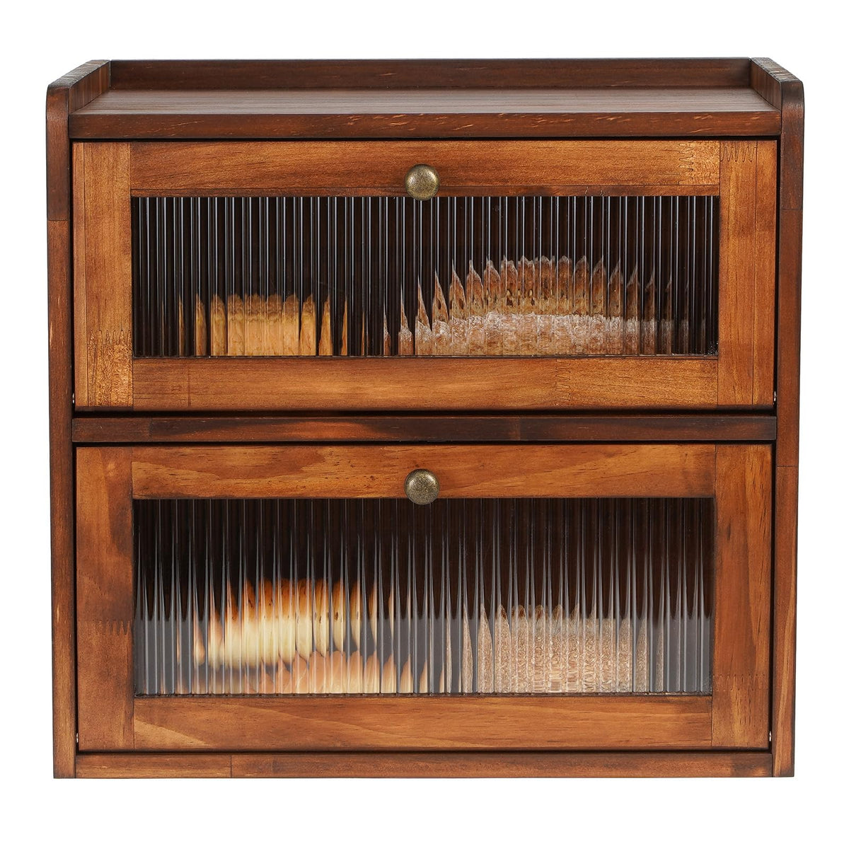 Sunhoo bread box front view in brown shows a sturdy wooden frame and ample storage.