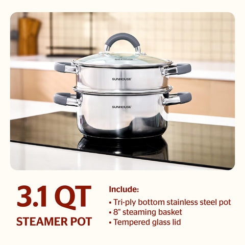 Sunhouse 2-tier steamer pot assembly ready for fresh dumplings and veg.