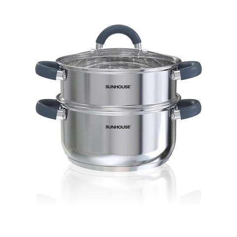 Sunhouse 3-quart steamer pot with lid on for easy monitor and steaming.