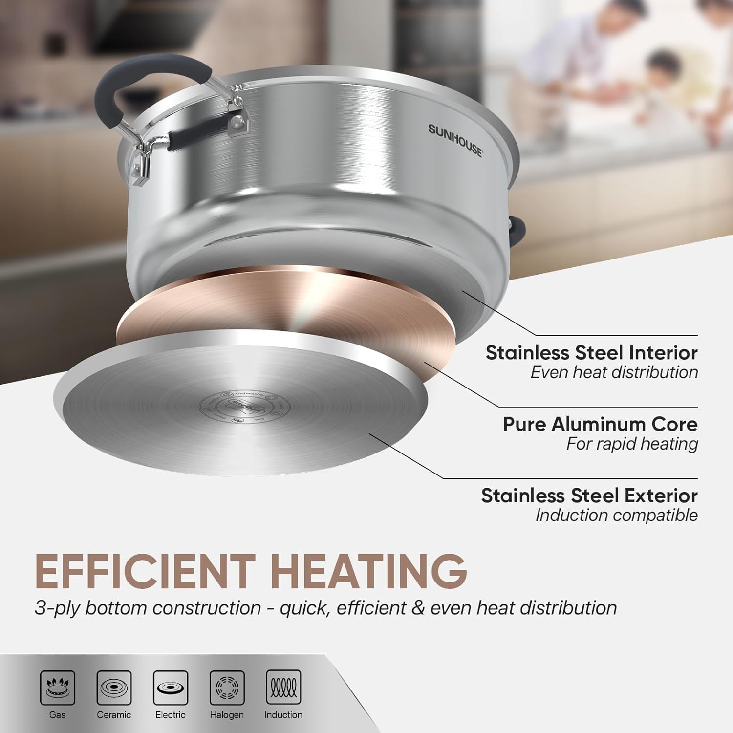 Sunhouse dishwasher-safe steamer pot for easy cleanup.