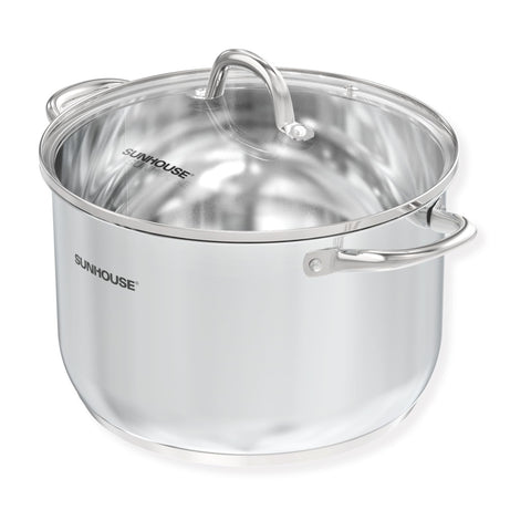 Sunhouse 11qt stock pot with stainless steel body for large batch soups.