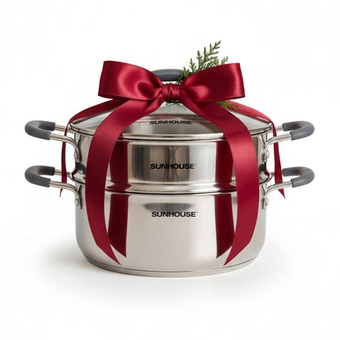 Sunhouse steamer pot with lid shows two-tier design for efficient multitasking.