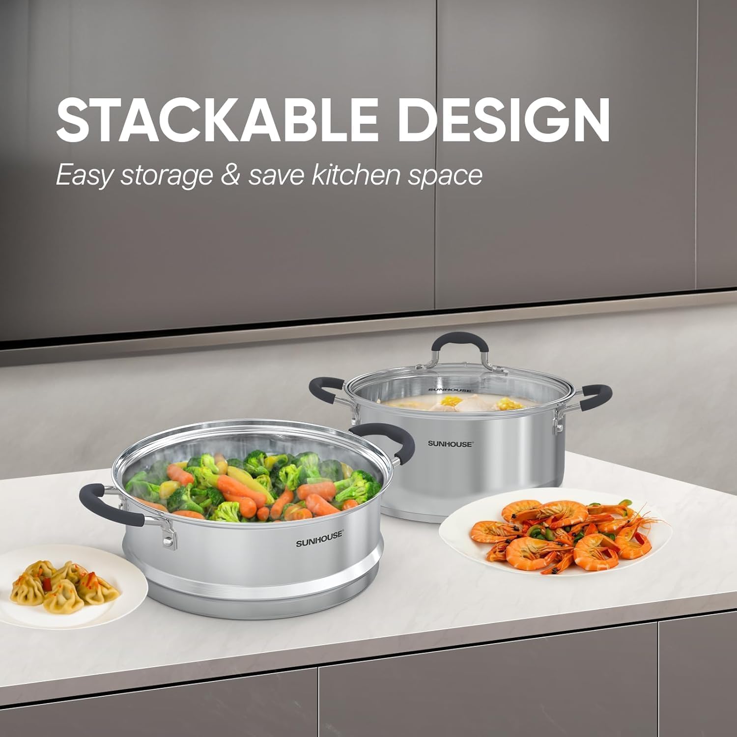 Sunhouse steamer pot magnetized base enables induction and other stovetops.