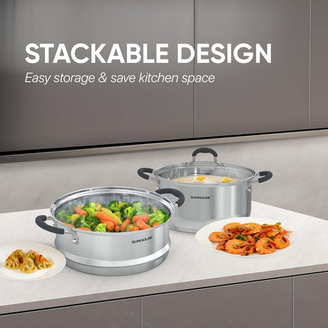 Sunhouse steamer pot magnetized base enables induction and other stovetops.