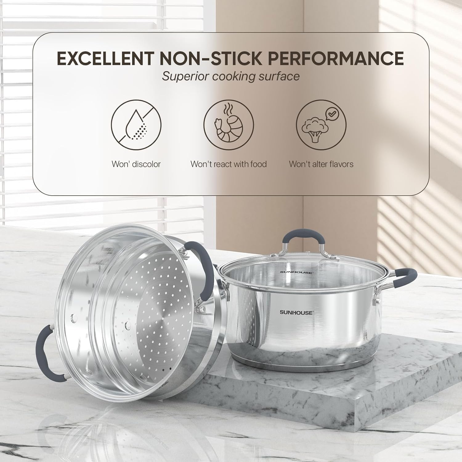 Sunhouse steamer pot interior shows measurement lines to track portions and timing.