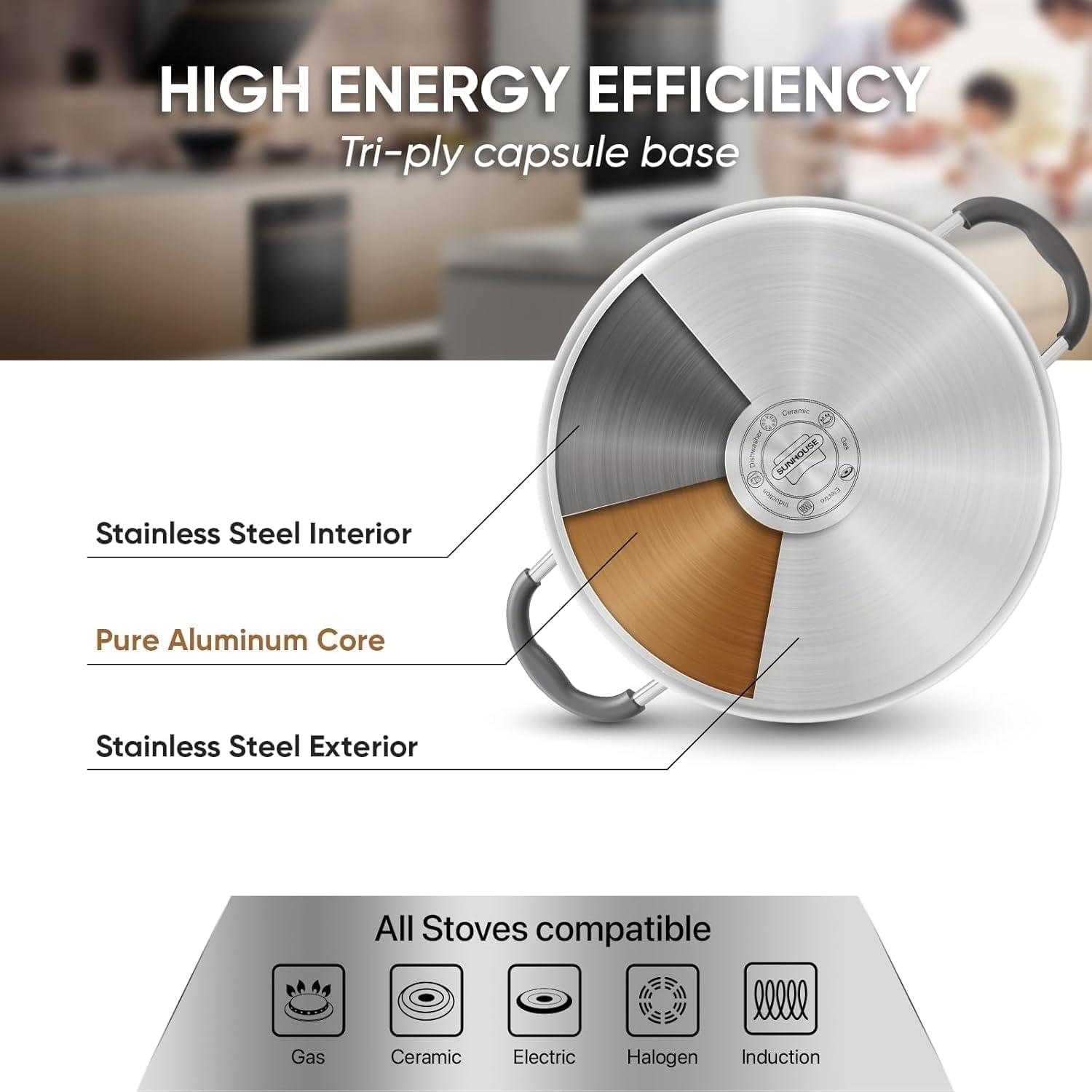 Sunhouse steamer pot side handles stay cool for safe lifting.