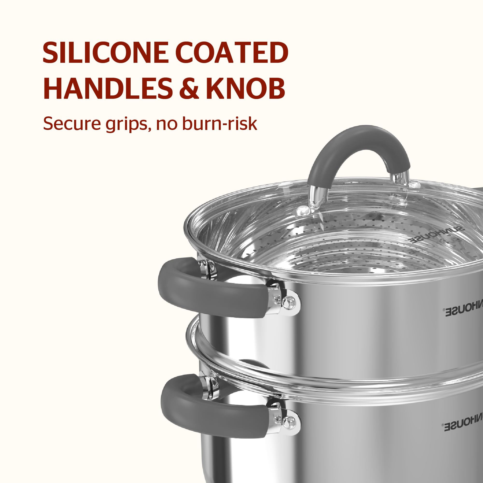 Sunhouse steamer pot with stay-cool handles for safe transfer.