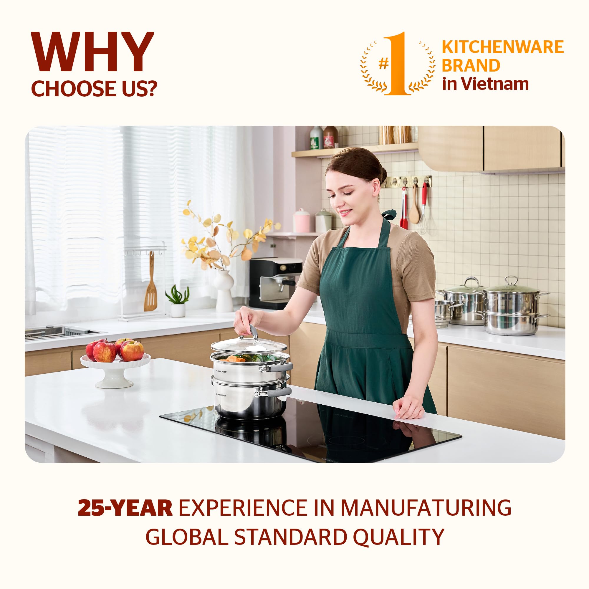 Sunhouse 3-quart steamer supports soups and stocks between steaming.