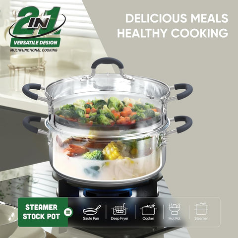 Sunhouse steamer pot tri-ply base highlights even heat distribution for consistent cooking.