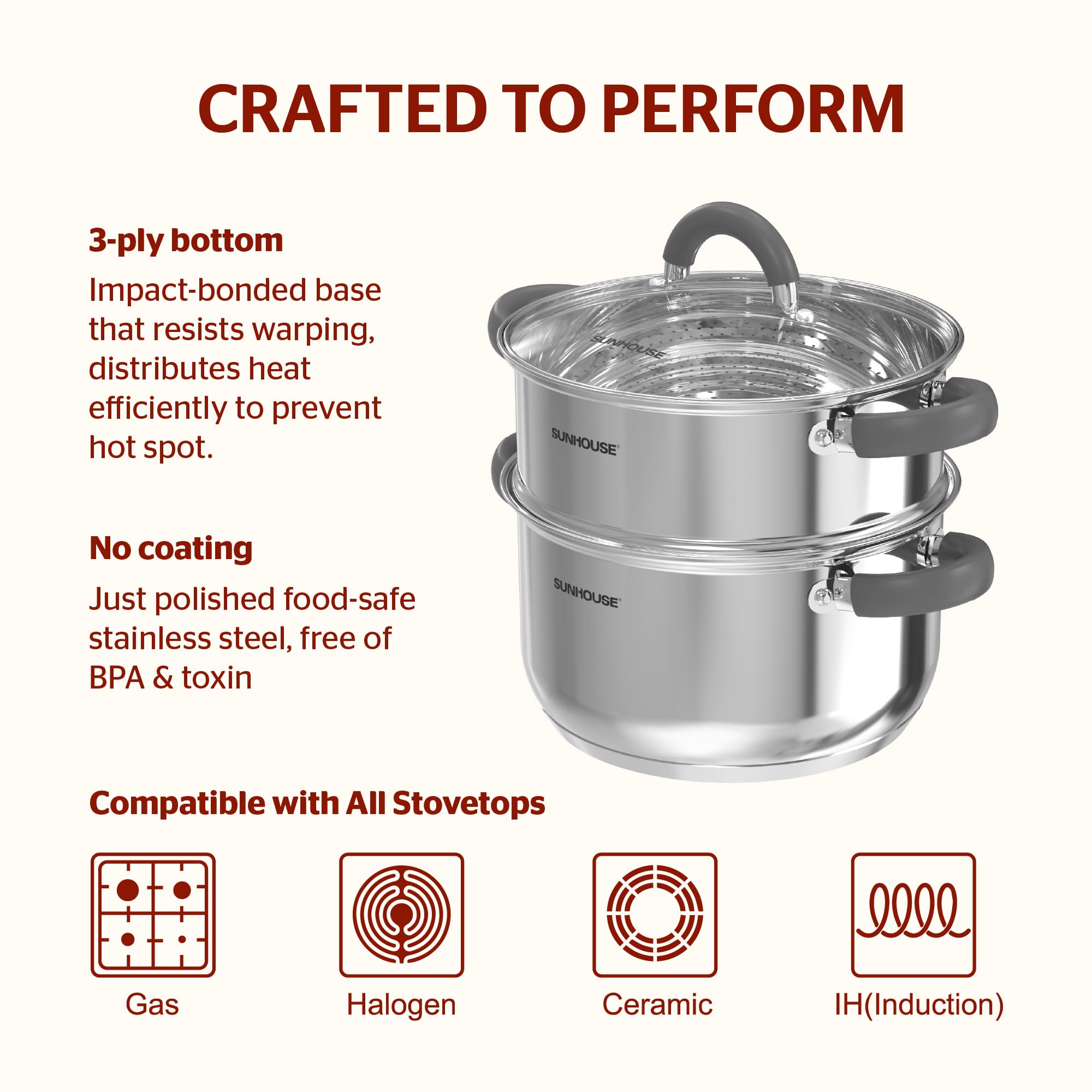 Sunhouse steamer pot with tri-ply bottom delivers even heating.