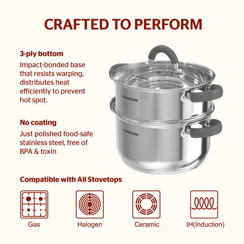 Sunhouse steamer pot with tri-ply bottom delivers even heating.