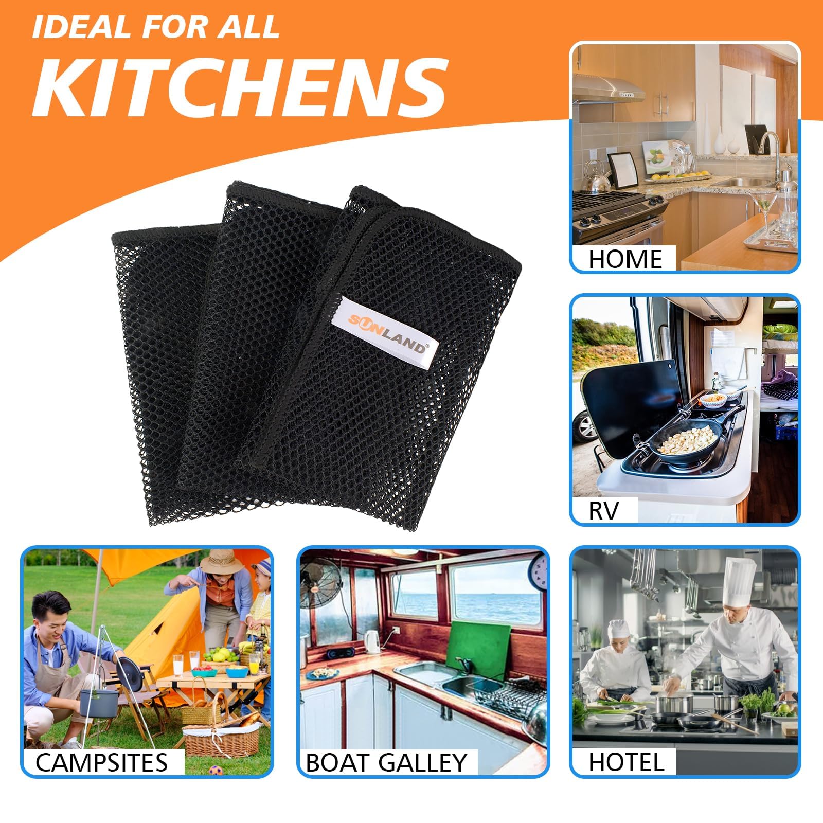 12 by 12 inch SUNLAND cloth size covers most dishware surfaces.