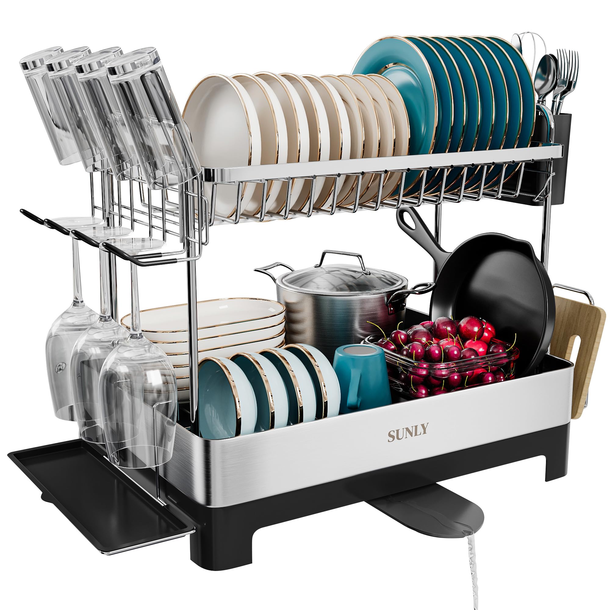 SUNLY 2-Tier Dish Drying Rack with extendable drain spout on a kitchen counter