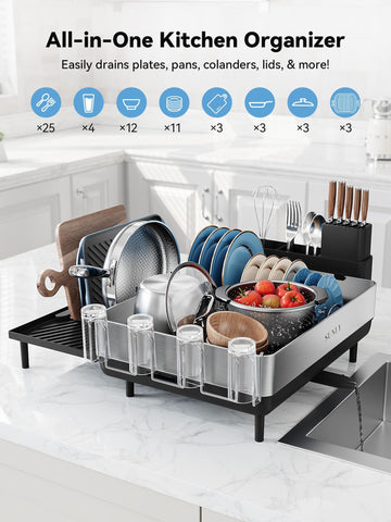 SUNLY dish drying rack with flip-up holders to secure pots and pans