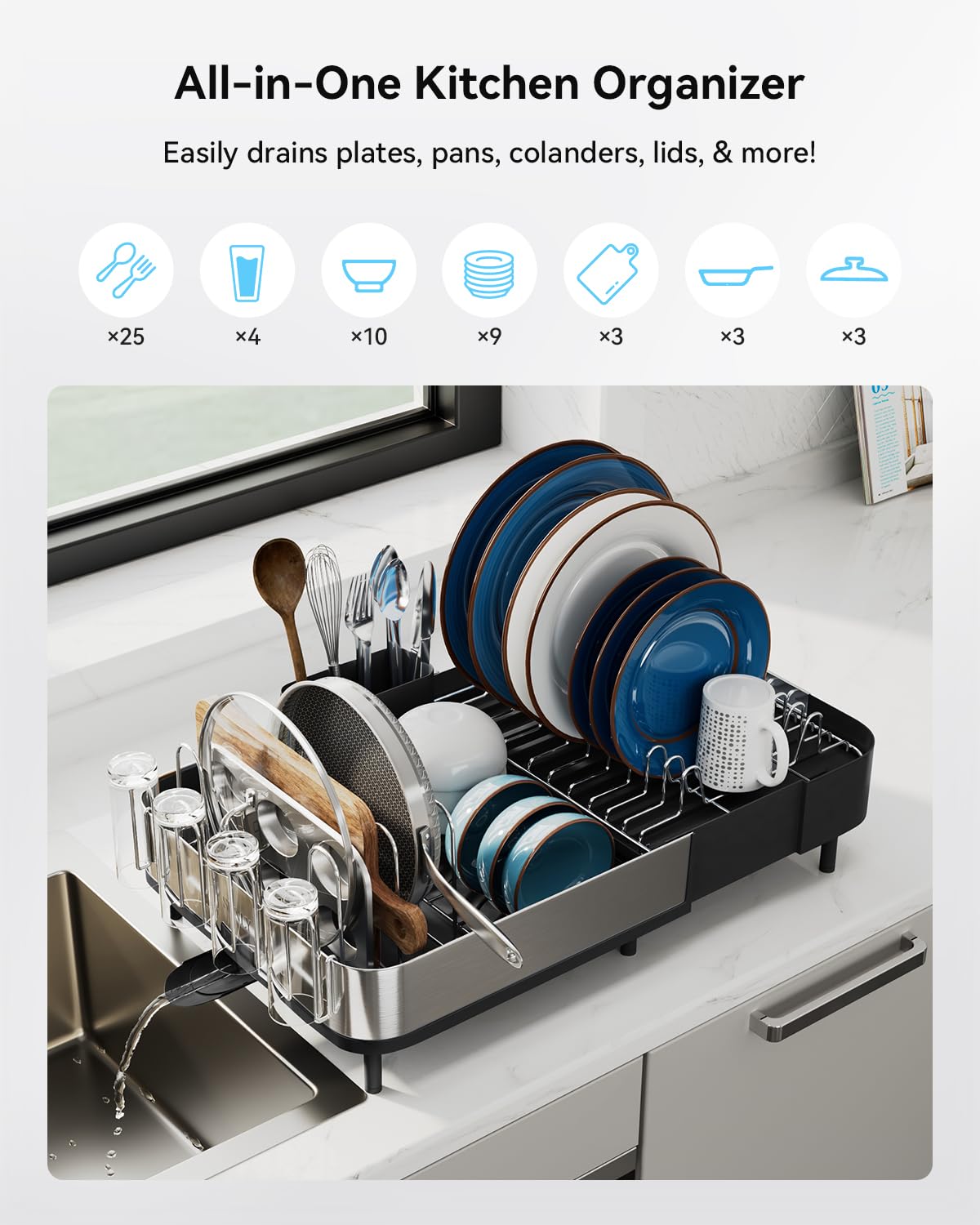 SUNLY dish rack with detachable brackets holds lids, boards, and sheets securely