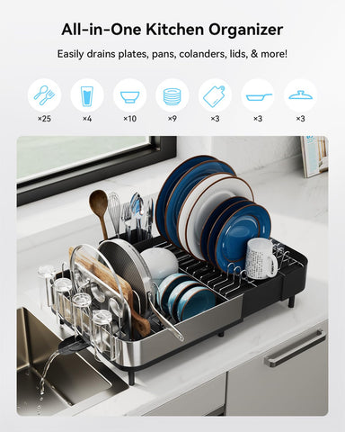 SUNLY dish rack with detachable brackets holds lids, boards, and sheets securely
