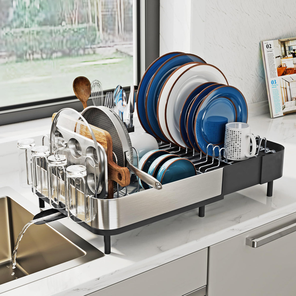 SUNLY Expandable Dish Drying Rack extended length for flexible countertop drying