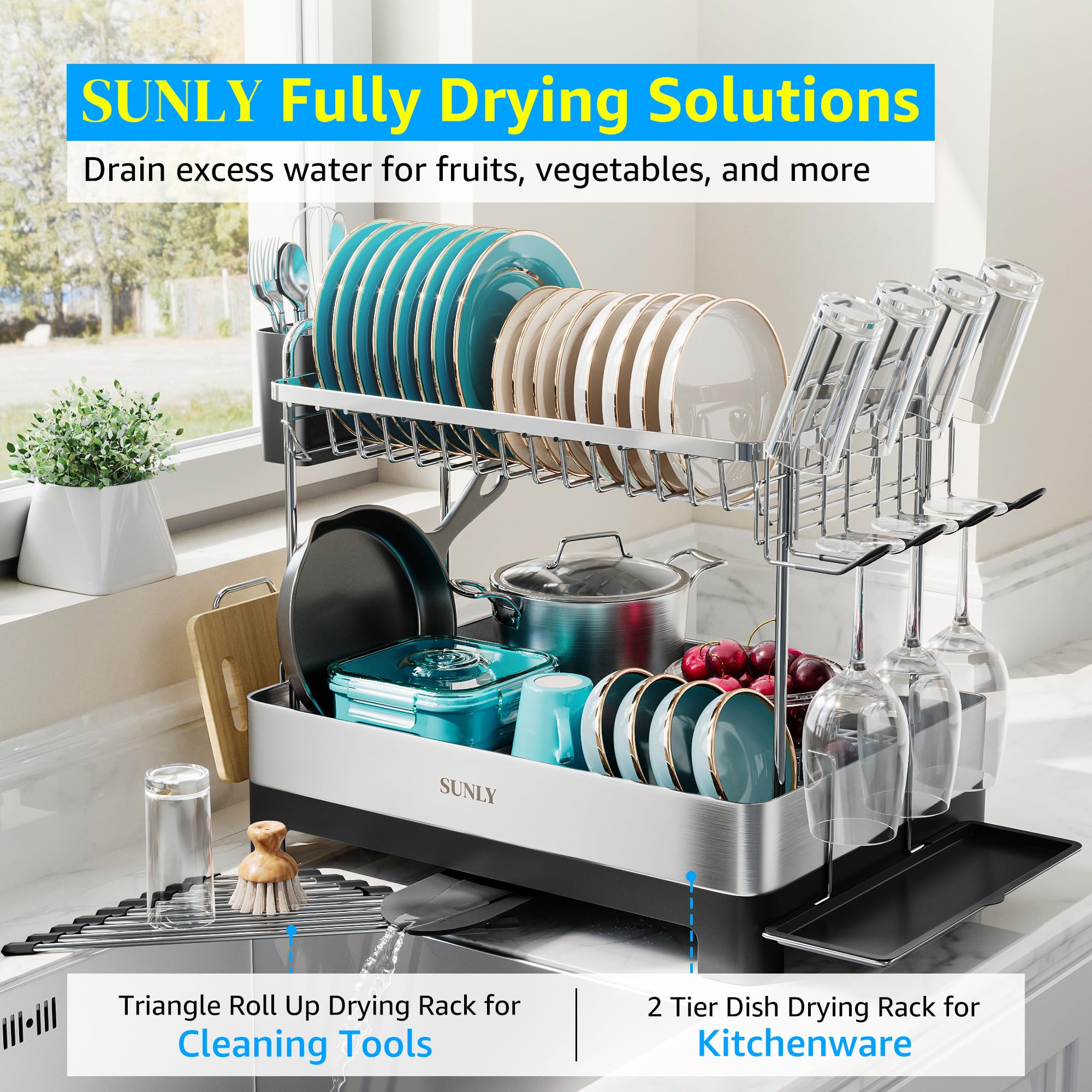 SUNLY large-capacity 2-tier rack organizing plates, bowls, and cups