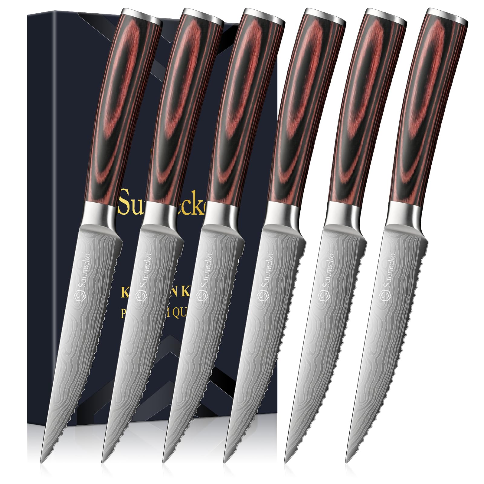 Sunnecko 6-piece steak knife set with pakkawood handles for precise, clean cuts
