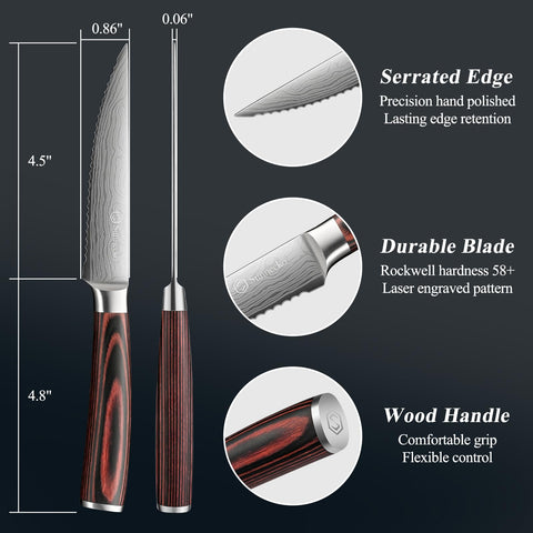 Serrated blades slice through meat with minimal resistance and reduced sticking
