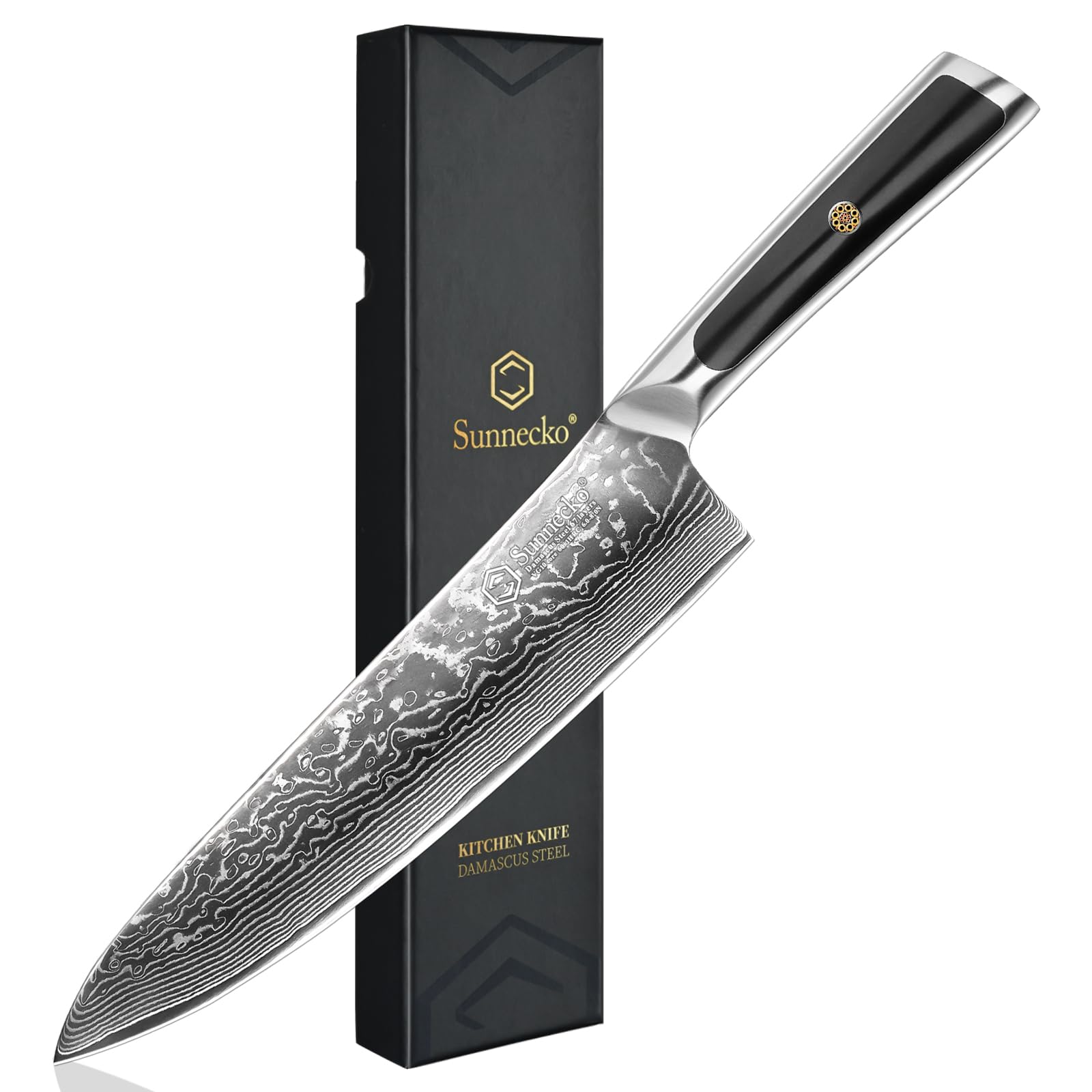 Sunnecko 8-Inch Chef Knife close-up showing the sharp Damascus edge for clean slices.