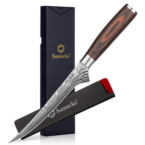 Sunnecko boning knife with a sharp 6-inch edge for precise filleting.